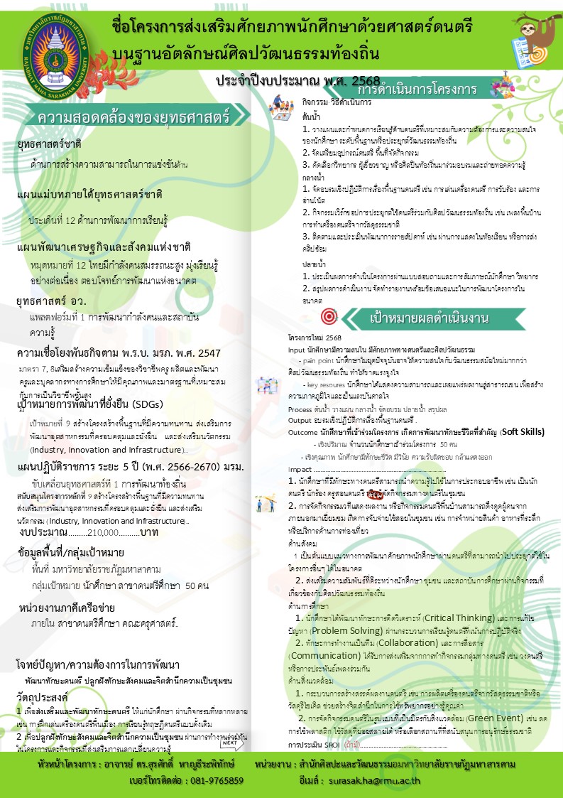 โครงการส่งเสริมศักยภาพนักศึกษาด้วยศาสตร์ดนตรี บนฐานอัตลักษณ์ศิลปวัฒนธรรมท้องถิ่น