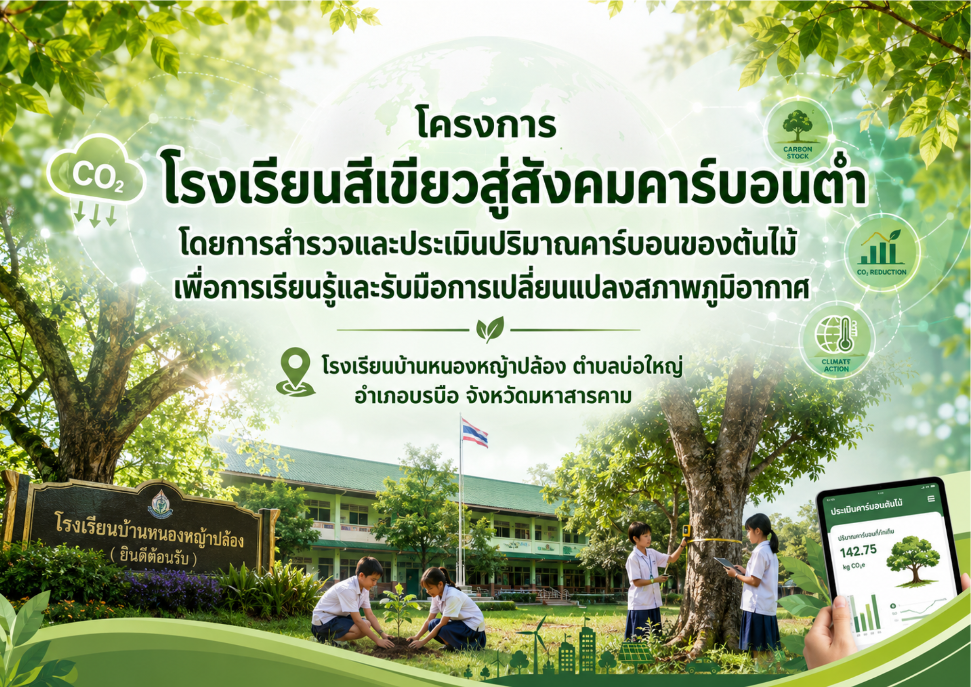 โรงเรียนสีเขียวสู่สังคมคาร์บอนต่ำโดยการสำรวจและประเมินปริมาณคาร์บอนของต้นไม้เพื่อการเรียนรู้และรับมือการเปลี่ยนแปลงสภาพภูมิอากาศ