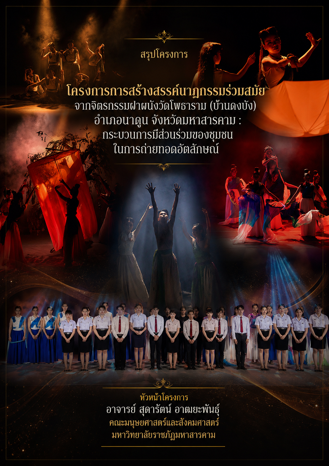 โครงการการสร้างสรรค์นาฏกรรมร่วมสมัยจากจิตรกรรมฝาผนังวัดโพธาราม (บ้านดงบัง) อำเภอนาดูน จังหวัดมหาสารคาม : กระบวนการมีส่วนร่วมของชุมชนในการถ่ายทอดอัตลักษณ์ทางวัฒนธรรม